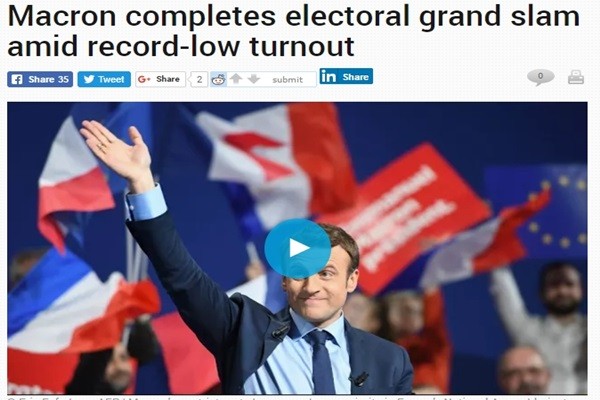 프랑스 총선에서 에마뉘엘 마크롱 대통령이 이끄는 중도신당 ‘레퓌블리크 앙마르슈(REM.전진하는 공화국)’ 계열이 전체 하원 의석의 과반을 차지하며 압승을 거뒀다. 사진은 프랑스 총선 결선투표 관련 '프랑스 24' 보도 일부.ⓒ'프랑스 24' 홈페이지 캡쳐