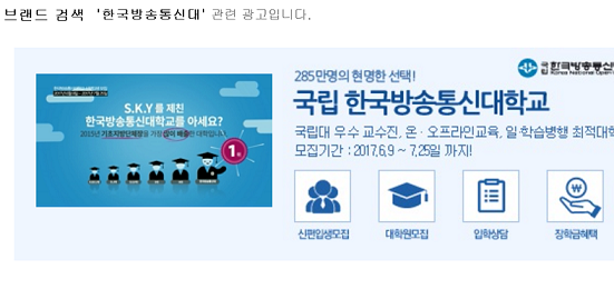 한국방송통신대학교가 포털 검색을 통해 소개하고 있는 학교 광고 캡쳐 화면. SKY(서울대·고려대·연세대)를 제쳤다고 강조하고 있다.