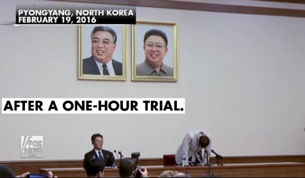 ▲ 2016년 2월 오토 웜비어 씨가 자신의 유죄를 밝히며 사죄하는 기자회견 장면. ⓒ美폭스뉴스 관련보도 화면캡쳐.