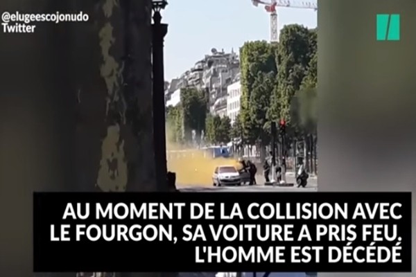 프랑스 최대 번화가인 샹젤리제 거리에서 폭발물을 실은 차량이 경찰차를 향해 돌진하는 사건이 발생했다. 사진은 사건 관련 '프랑스 24' 보도 일부.ⓒ'프랑스 24' 보도영상 화면캡쳐