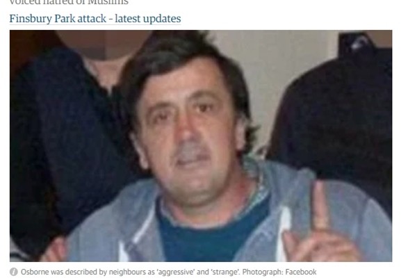 ▲ 런던 북부 이슬람 사원 인근에서 발생한 차량 테러 용의자는 네 자녀의 아버지인 대런 오즈번(47)이라고 영국 언론들이 전했다. 사진은 관련 英'가디언' 보도 일부.ⓒ英'가디언' 홈페이지 캡쳐