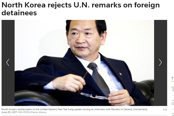 ▲ 사진은 한태송 스위스 제네바 주재 북한대사 인터뷰 관련 英'로이터' 통신 기사 일부.ⓒ英'로이터' 홈페이지 캡쳐