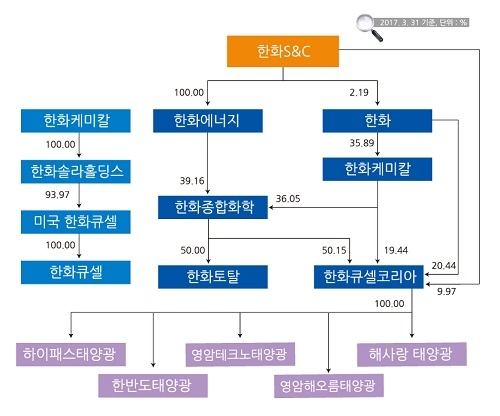 ▲ 한화그룹 태양광사업 부분 지배구조. ⓒ뉴데일리=이보배 기자