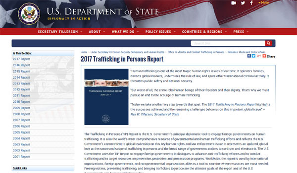 ▲ 美국무부는 지난 27일(현지시간) '2017 인신매매 보고서'를 공개했다. ⓒ美국무부 홈페이지 캡쳐.