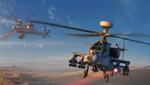▲ AH-64 아파치 헬기에 장착한 고에너지 레이저(HEL)로 지상을 공격하는 상상도. ⓒ美레이시온 홍보 일러스트.
