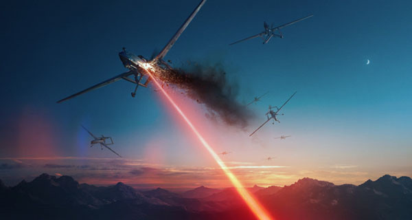 ▲ 지상배치 고에너지 레이저로 드론을 요격하는 상상도. ⓒ美록히드 마틴 홍보 일러스트.