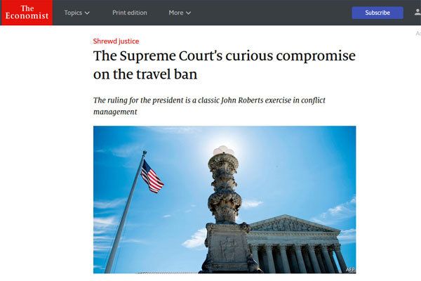 ▲ 도널드 트럼프 美대통령이 새로 내놓은 '불법이민 입국제한 행정명령'이 지난 29일 오후 8시(美동부표준시)부터 시행에 들어갔다. 지난 26일(현지시간) 美연방대법원이 승인한 데 따른 것이다. 사진은 美연방대법원 판결 관련 보도. ⓒ英이코노미스트 관련보도 화면캡쳐.