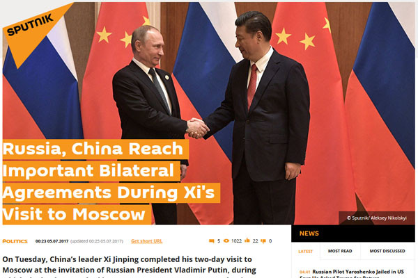 ▲ 푸틴 러시아 대통령과 시진핑 中국가주석은 지난 4일 북한이 ICBM '화성-14형'을 발사하자 "북한은 핵무기 및 탄도미사일 개발을, 한미는 연합훈련과 사드 배치를 중단하라"고 촉구했다. ⓒ러시아 스푸트니크 뉴스 관련보도 화면캡쳐.