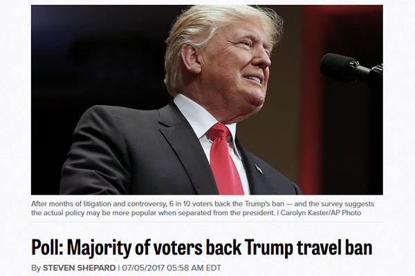 ▲ 美정치전문지 '폴리티코'는 지난 6월 말(현지시간) 여론조사기관 '모닝 컨설트'와 함께 실시한, 트럼프 美대통령의 '美입국제한 행정명령 수정안'에 대한 여론조사 결과를 보도했다. 그 결과 미국 유권자 다수가 트럼프의 행정명령 수정안을 지지하는 것으로 나타났다. ⓒ美폴리티코 관련보도 화면캡쳐.