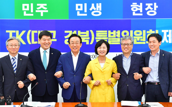 ▲ 간담회에서 추미애 민주당 대표(왼쪽 네번째)와 팔짱을 끼고 웃고 있는 모습.ⓒ경북도