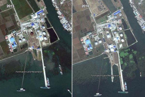 2016년 10월 상업용 위성이 촬영한 北평안남도 남포항 일대의 석유저장시설. 1년 사이에 크게 증가했다. ⓒ美RFA 관련기사-구글 어스 캡쳐.