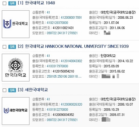 ▲ 특허정보넷 키프리스 캡처화면. 거점국립대 9개교가 '한국대'(가칭) 통합을 추진하는 가운데 공주대, 한경대가 관련 상표권을 확보한 것으로 확인됐다.