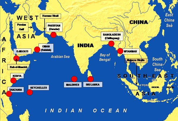 ▲ 중국이 '일대일로 전략' 가운데 안보전략에 따라 인도양에 확보한 주요 기지들의 위치. ⓒ블로거 '서브마린 매터' 관련화면 캡쳐.