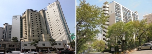 서울 중구 을지로5가에 소재한 아카시아호텔 전경(왼쪽)과 서울 성동구 옥수동 한남하이츠 전경(오른쪽). ⓒ 지지옥션