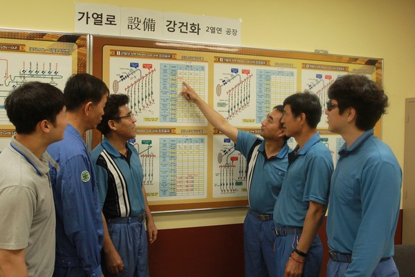 ▲ 항 2열연공장이 조업장애 유형별로 개선활동을 추진한 결과, 6월 한달 동안 역대 최고의 작업률인 91.3%를 기록했다. 사진은 2열연공장 직원들이 가열로설비 개선활동의 진행상황을 점검하고조업에 적용하며 운전하고 있는 모습.ⓒ포항제철소