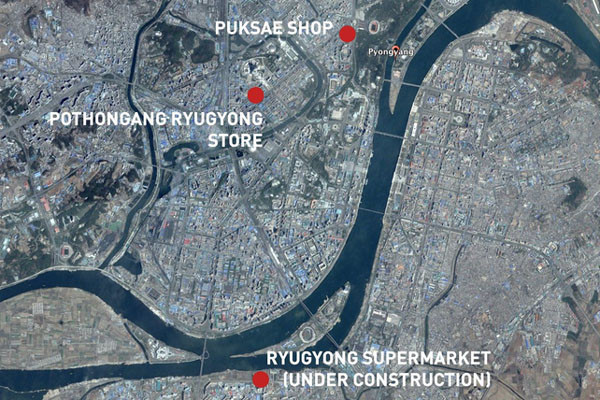 ▲ 싱가포르 업체 OCN이 평양 시내에서 운영 중인 사치품 상점들의 위치. ⓒ美NK뉴스 관련보도 화면캡쳐-커티스 멜빈 美존스홉킨스大 연구원 제공.