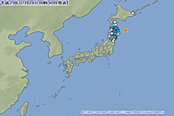 ▲ 24일 일본 동북부 해상에서 규모 5.7의 지진이 발생했다. 사진은 관련 日기상청 자료 일부.ⓒ日기상청 홈페이지 캡쳐