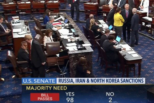 ▲ 지난 27일(현지시간) 美상원은 '북한·이란·러시아 통합제재법안'을 98 대 2라는 엄청난 지지로 바로 통과시켰다. ⓒ美공영 C-SPAN 중계화면 캡쳐-VOA.