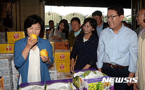 ▲ 더불어민주당 추미애 대표는 지난해 8월 30일 민생탐방을 위해 서울 송파구 가락시장을 방문해 시장을 둘러보던 중 성주참외를 들어 보이며 "참외는 죄가 없다"고 말한 바 있다. ⓒ뉴시스 사진 DB