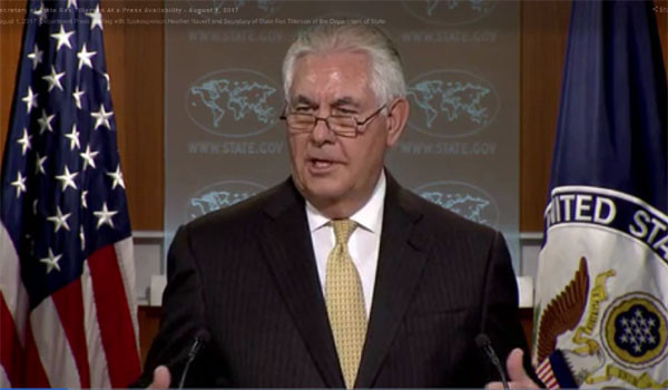 ▲ 지난 1일(현지시간) 美국무부에서 열린 렉스 틸러슨 美국무장관의 기자회견. ⓒ美국무부 홈페이지 공개영상 캡쳐.