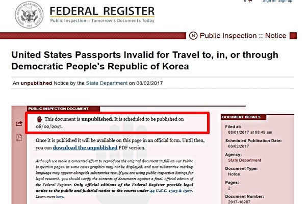 미국 정부가 자국민의 북한 여행을 금지하는 조치를 관보 게재를 하루 앞둔 1일(현지시간) 공개했다. 사진은 美연방 관보 홈페이지 일부.ⓒ美연방 관보 홈페이지 캡쳐
