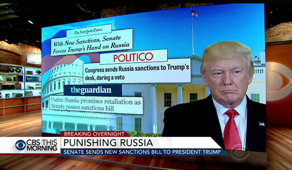 ▲ CBS뉴스 등 美언론들은 2일(현지시간) 도널드 트럼프 美대통령이 '북한·이란·러시아 통합제재 법안'에 서명했다고 보도했다. ⓒ美CBS뉴스 관련보도 화면캡쳐.