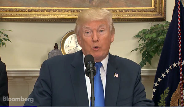 ▲ 지난 2일(현지시간) 美백악관에서 톰 코튼 美상원의원과 데이빗 퍼듀 美상원의원이 발의한 '이민 개혁법안'을 소개하며 칭찬하는 도널드 트럼프 美대통령. ⓒ美블룸버그 TV 관련보도 화면캡쳐.