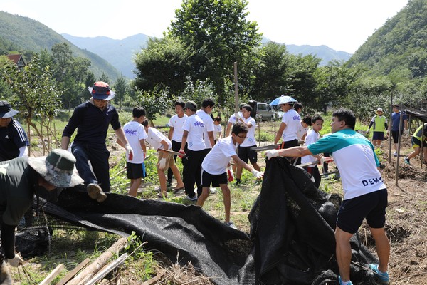 ▲ 충북보건과학대학 교직원과 학생들이 4일 청주시 상당구 미원면 어암리에서 수해복구작업을 지원하고 있다.ⓒ충북보건과학대학