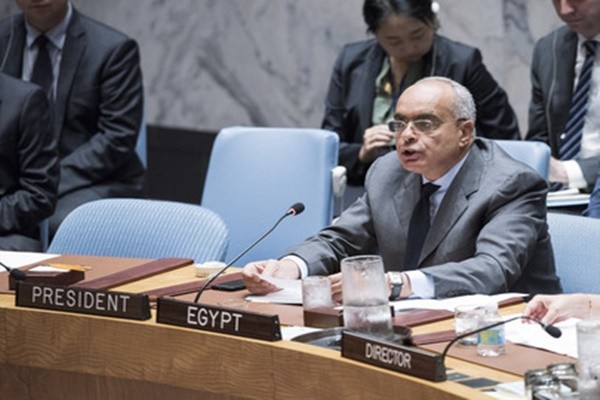 8월 유엔 안보리 순환의장국인 이집트의 아미르 압델라티프 아부라타 유엔주재 대사가 발언하고 있는 모습.ⓒ유엔