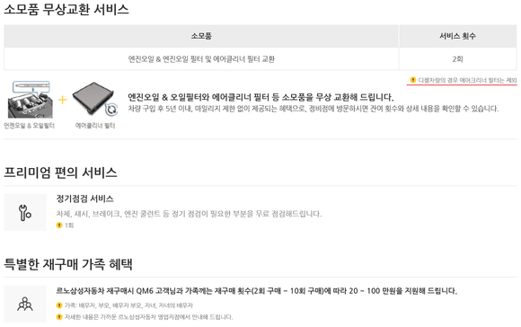 ▲ 르노삼성 QM6 멤버십 혜택.ⓒ르노삼성 홈페이지 캡쳐 화면