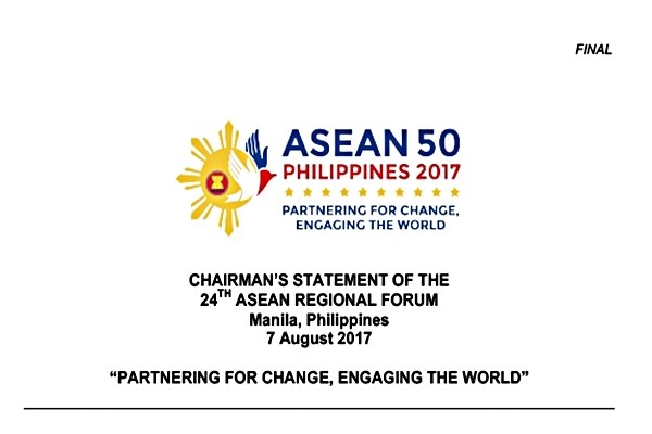 ▲ 아세안 지역안보포럼(ARF) 외교장관들이 북한의 대륙간 탄도미사일(ICBM) 도발과 유엔 안전보장이사회(이하 유엔 안보리) 결의 미 이행을 지적하며 태도 변화를 촉구했다. 사진은 ARF 의장성명 일부.ⓒASEAN