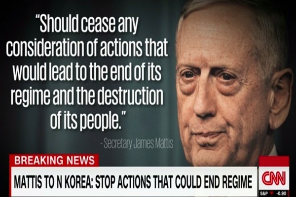 제임스 매티스 미국 국방부 장관은 9일(현지시간) “북한은 정권 종식과 국민들을 파멸로 이끄는 어떤 행동도 고려하는 것을 중단해야 한다”고 경고했다. 사진은 관련 美'CNN' 보도 일부.ⓒ美'CNN' 보도영상 화면캡쳐