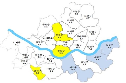 ▲ 2017년도 2분기 자치구별 전월세 전환율. ⓒ연합뉴스