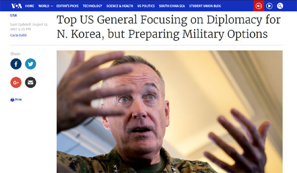 ▲ 조셉 던포드 美합참의장이 전용기 내 기자회견에서 "북한 문제에 있어 군사력은 외교·경제적 수단을 뒷받침하는 것이지만, 이런 노력이 실패했을 때는 사용하게 될 것"이라고 말했다고 한다. ⓒ美미국의 소리 관련보도 화면캡쳐.