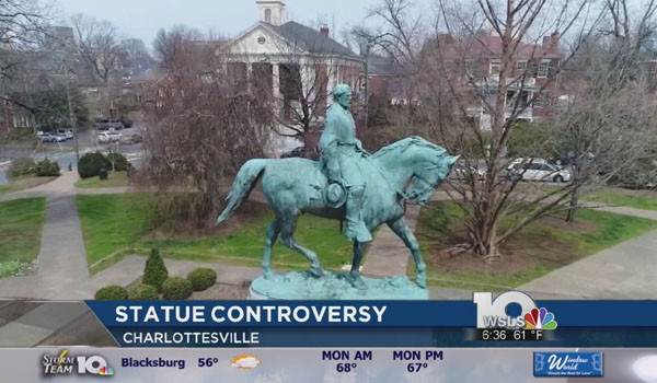 ▲ 마이크 싱어 샬롯츠빌 시장이 철거하겠다고 밝힌 '로버트 E.리 장군'의 동상. ⓒ美NBC 지역제휴방송 WSLS 보도화면 캡쳐.