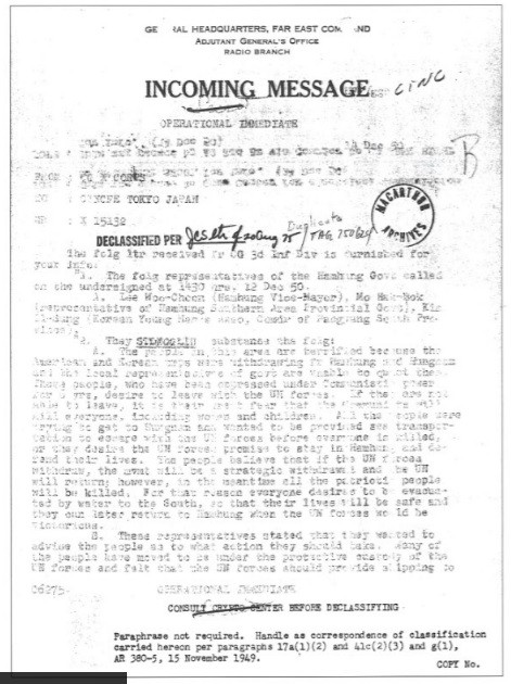 ▲ 흥남철수 때 이승만 대통령이 북한주민을 피난시켜달라고 미군에 요청하여 주민대표들과 대화한 내용을 맥아더에 보고한 미10군단장 보고서.(안재철 저 '생명의 항해' 1권 P323)