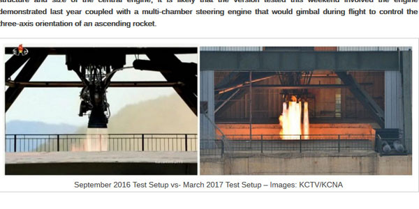 북한 '화성-12형'과 '화성-14형'의 발사장면을 분석, 사용한 로켓엔진이 우크라이나製 RD-250 계열로 보인다고 분석한 '스페이스 플라이트 101'의 지난 3월 19일자 기사 사진. ⓒ美스페이스 플라이트 101 관련보도 화면캡쳐.