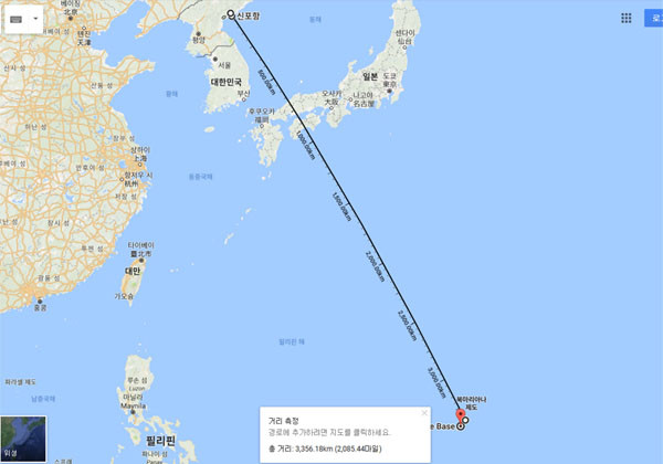 ▲ 김락겸 北전략군 사령관이 밝힌 대로 북한에서 괌 인근 30~40km까지 3,356.7km를 비행하면서 일본 시마네현, 히로시마현, 고치현을 지나려면 이 경로 외에는 없다. ⓒ구글 지도 화면캡쳐.