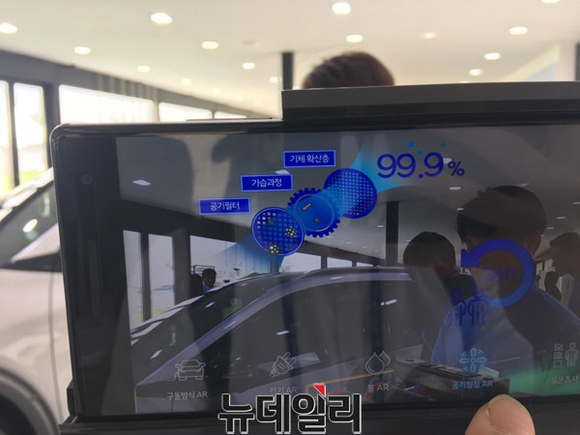 ▲ AR패드를 활용해 현대차의 차세대 수소전기차의 공기정화 능력을 확인하고 있는 모습.ⓒ뉴데일리
