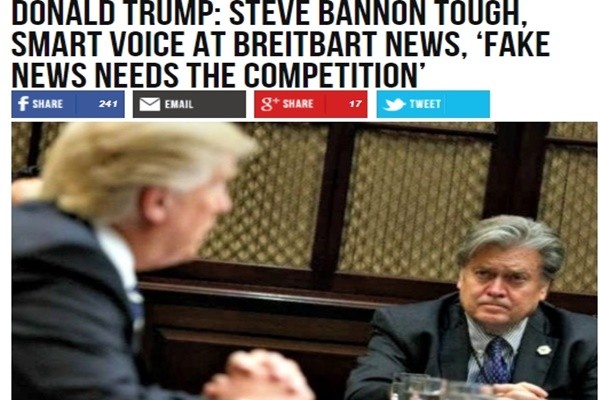 ▲ 도널드 트럼프 미국 대통령이 스티브 배넌 前 美백악관 수석전략가가 美우익매체로 복귀한 것을 두고 '가짜뉴스'와 싸워줄 것을 주문했다. 사진은 관련 美'브레이트바트' 기사 일부.ⓒ美'브레이트바트' 홈페이지 캡쳐