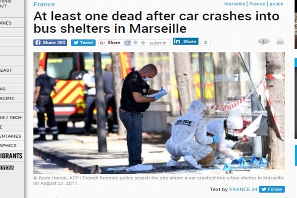 프랑스 마르세유에서 행인들을 향해 차량돌진 사건이 발생해 1명이 숨지고 1명이 다쳤다. 사진은 관련 '프랑스 24' 기사 일부.ⓒ'프랑스 24' 홈페이지 캡쳐