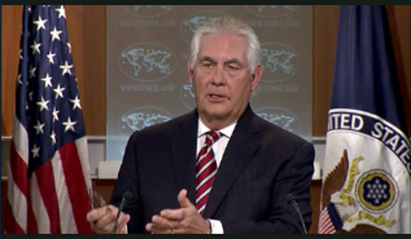 ▲ 렉스 틸러슨 美국무장관은 지난 22일(현지시간) 미국의 새 남아시아 전략을 소개하는 기자회견에서 북한의 자제력을 칭찬하는 이례적인 모습을 보였다. ⓒ美국무부 브리핑 영상화면 캡쳐.