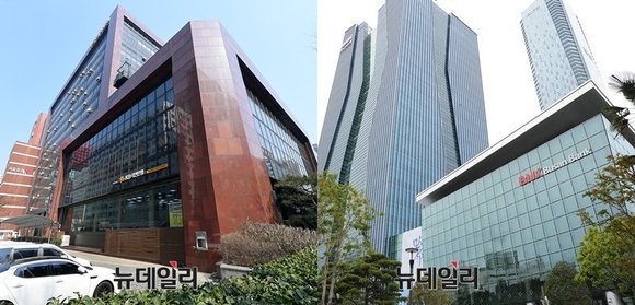 서울 여의도에 위치한 KB금융지주 본점(왼쪽)과 부산 남구에 위치한 BNK금융지주 본점. ⓒ뉴데일리DB
