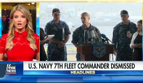 ▲ 美해군은 지난 21일(현지시간) 싱가포르 인근 해역에서 발생한 美이지스 구축함과 유조선 간의 충돌 사고를 비롯해, 2017년 들어 빈번하게 발생한 구축함과 민간 선박 간 사고에 대한 책임을 물어 조셉 오코인 제7함대 사령관을 해임한다고 밝혔다. ⓒ美폭스뉴스 관련보도 화면캡쳐.