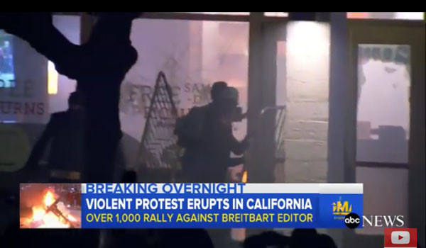지난 2월 美UC버클리大에서 일어난 폭동 당시 모습. 집기를 훼손하고 차량에 불을 지른 자들은 모두 검은 옷과 검은 복면을 하고 있었다. ⓒ美ABC뉴스 관련보도 화면캡쳐.