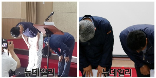 ▲ 물난리 속 해외연수를 갔다가 돌아와 고개숙인 충북도의회 김학철·박한범 의원(왼쪽), 최병윤·박봉순 의원.ⓒ김종혁 기자