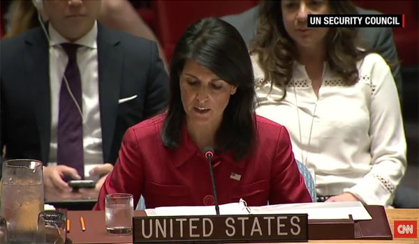 ▲ 미국이 북한의 29일 탄도미사일 발사에 대해 국제사회에서 강력히 규탄했다. 사진은 지난 7월 5일 유엔 안보리에서 북한을 규탄하는 니키 헤일리 유엔주재 美대사. ⓒ美CNN 유튜브 채널 캡쳐.