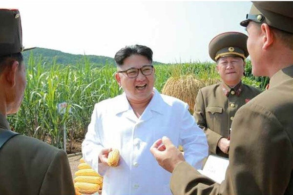 북한이 지난 7월 중국에서 수입한 옥수수가 2016년 같은 기간 대비 420배나 증가한 것으로 알려졌다. 사진은 2016년 9월 제810군부대 산하 1116호 농장을 찾은 김정은이 옥수수를 들고 있는 모습.ⓒ北선전매체 홈페이지 캡쳐