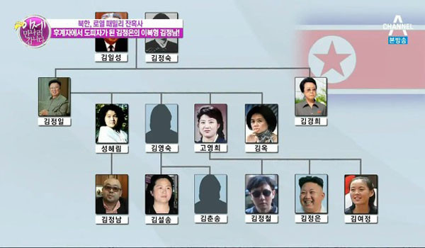 ▲ 국정원이 국회 정보위 보고에서 김경희와 김정철, 김여정의 최근 동향에 관해 보고했다고 한다. 사진은 북한 김씨 일가의 가계도. ⓒ채널A '이제 만나러 갑니다' 화면캡쳐.
