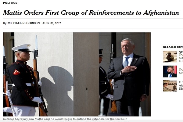 ▲ 제임스 매티스 美국방장관이 아프가니스탄 추가 파병을 위한 명령에 서명했다. 사진은 관련 美'뉴욕타임스(NYT)' 기사 일부.ⓒ美'뉴욕타임스(NYT)' 홈페이지 화면캡쳐